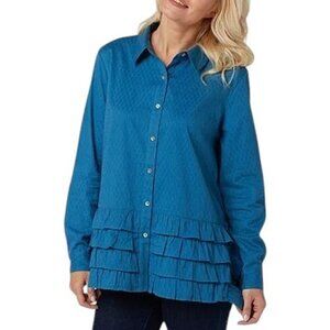 NWOT Logo By Lori Goldstein Blouse Womens Sz XL Blue Button Up Tiered Ruffle